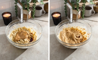 Left to right: peanut butter in a bowl of cookie dough batter, a bowl of mixed cookie dough batter.