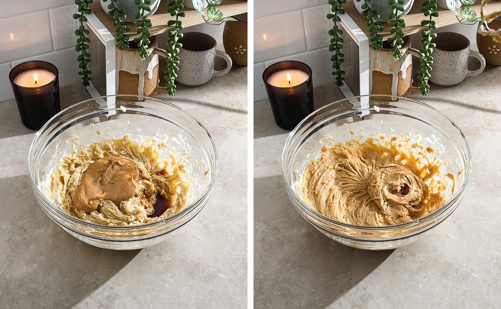 Left to right: peanut butter in a bowl of cookie dough batter, a bowl of mixed cookie dough batter.