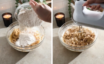 Left to right: pouring flour into bowl of cookie dough batter, mixing cookie dough with a hand mixer.