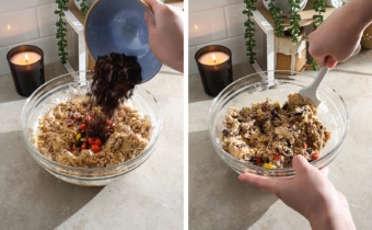 Left to right: pouring a bowl of chocolate chunks into cookie dough, mixing cookie dough with a spatula.