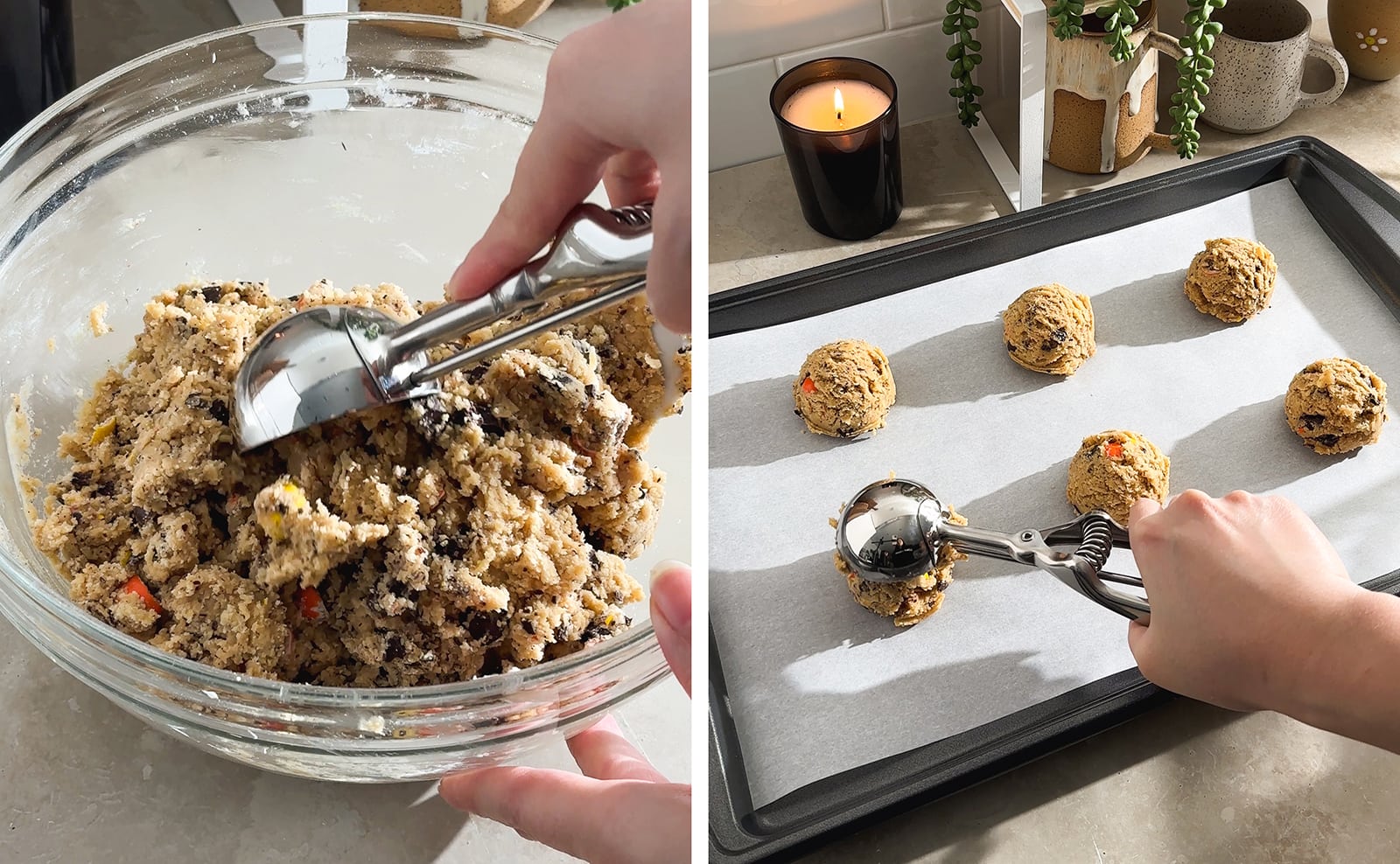Left to right: scooping cookie dough with a scooper, releasing a ball of cookie dough onto a baking sheet.