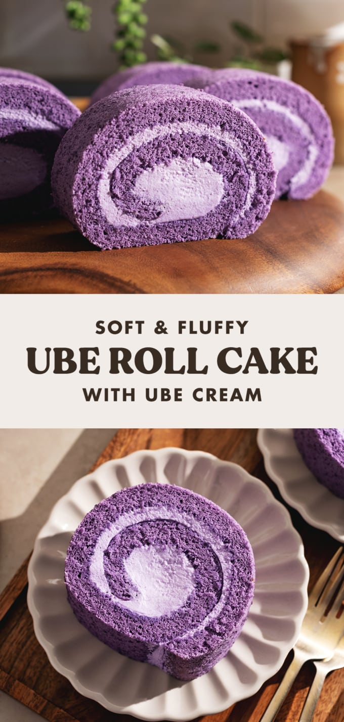 Two images of ube roll cake slices with text in between them reading "soft & fluffy ube roll cake with ube cream".