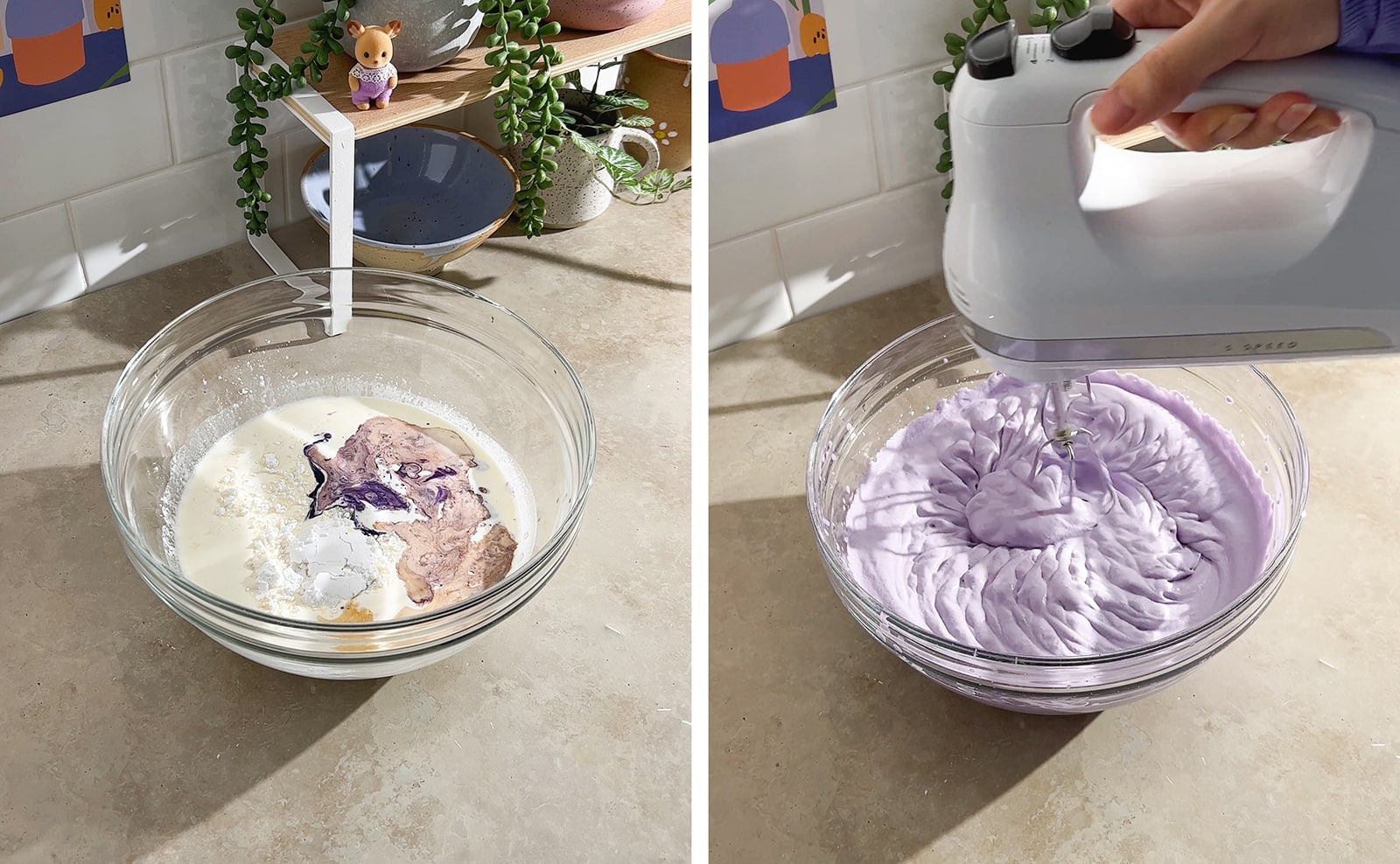 Left to right: ingredients in mixing bowl, mixing ube whipped cream with hand mixer.