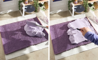 Left to right: dropping ube whipped cream on top of ube cake sheet, spreading whipped cream across cake sheet with offset spatula.