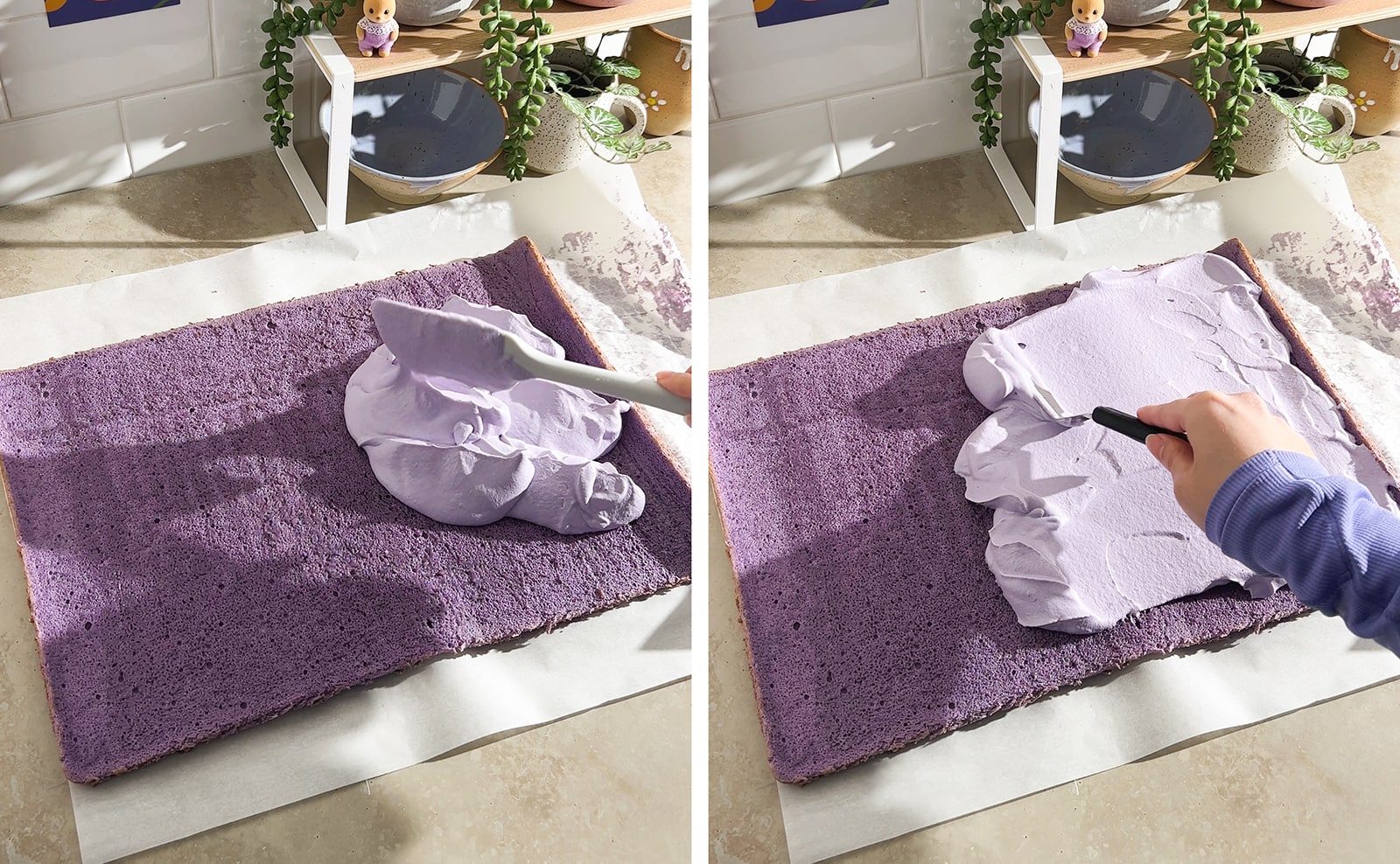 Left to right: dropping ube whipped cream on top of ube cake sheet, spreading whipped cream across cake sheet with offset spatula.