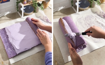 Left to right: hands rolling cake sheet up, scraping excess whipped cream off of cake roll with an offset spatula.