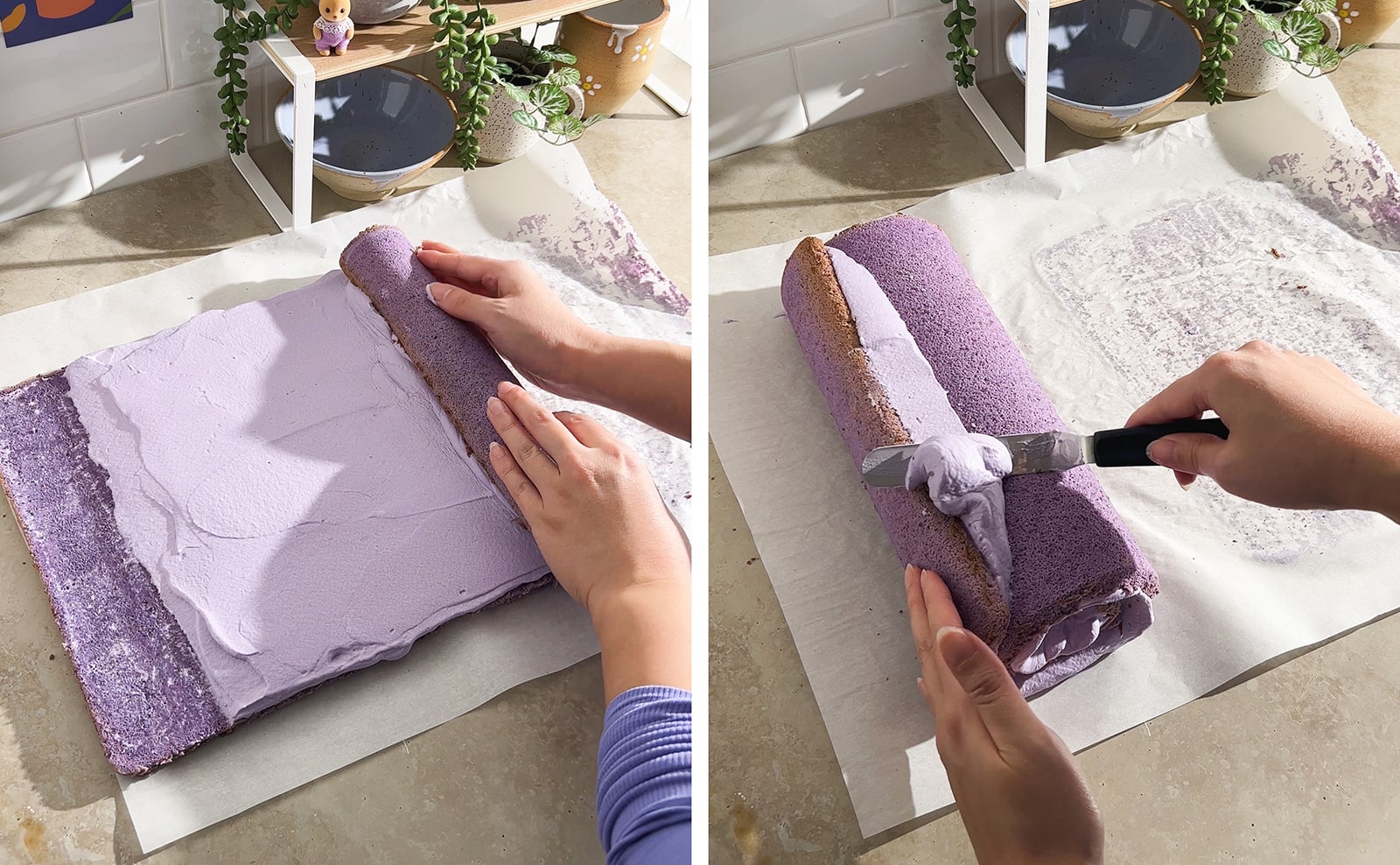 Left to right: hands rolling cake sheet up, scraping excess whipped cream off of cake roll with an offset spatula.