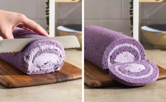 Left to right: slicing the end off of cake roll with a knife, cake roll with the end cut off to show spiral inside.