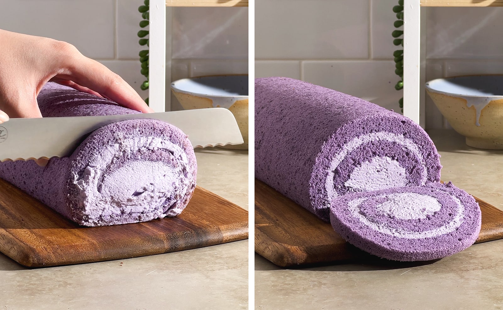 Left to right: slicing the end off of cake roll with a knife, cake roll with the end cut off to show spiral inside.