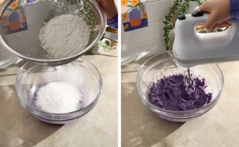 Left to right: sifting flour into bowl of cake batter, mixing purple cake batter with a hand mixer.
