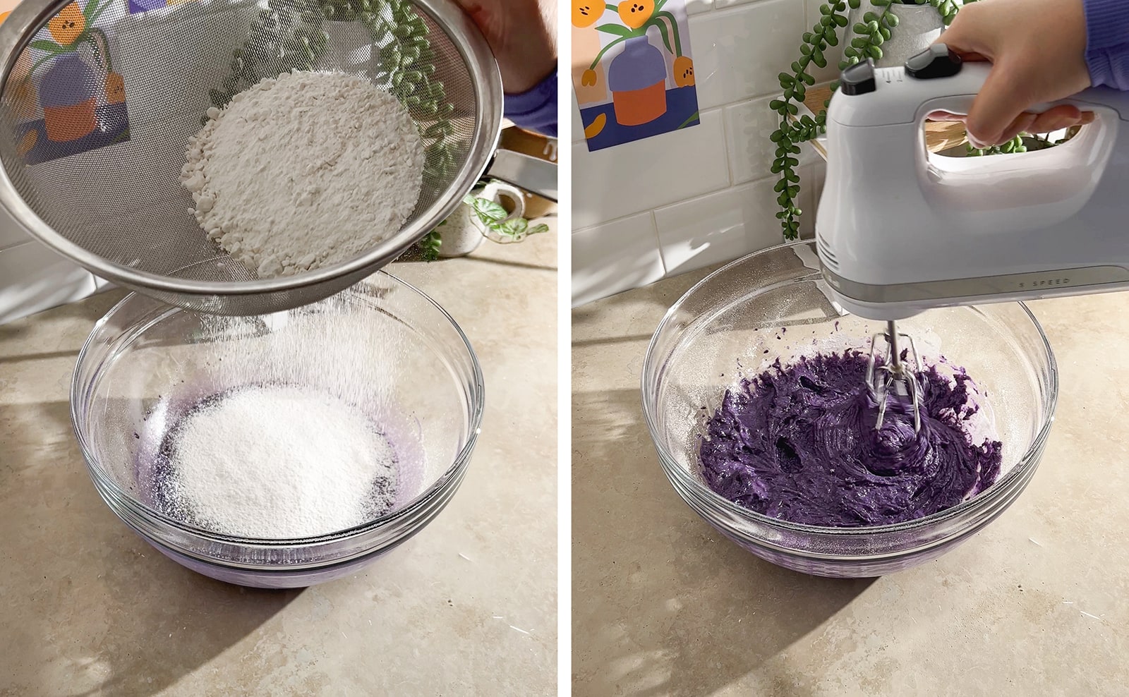Left to right: sifting flour into bowl of cake batter, mixing purple cake batter with a hand mixer.