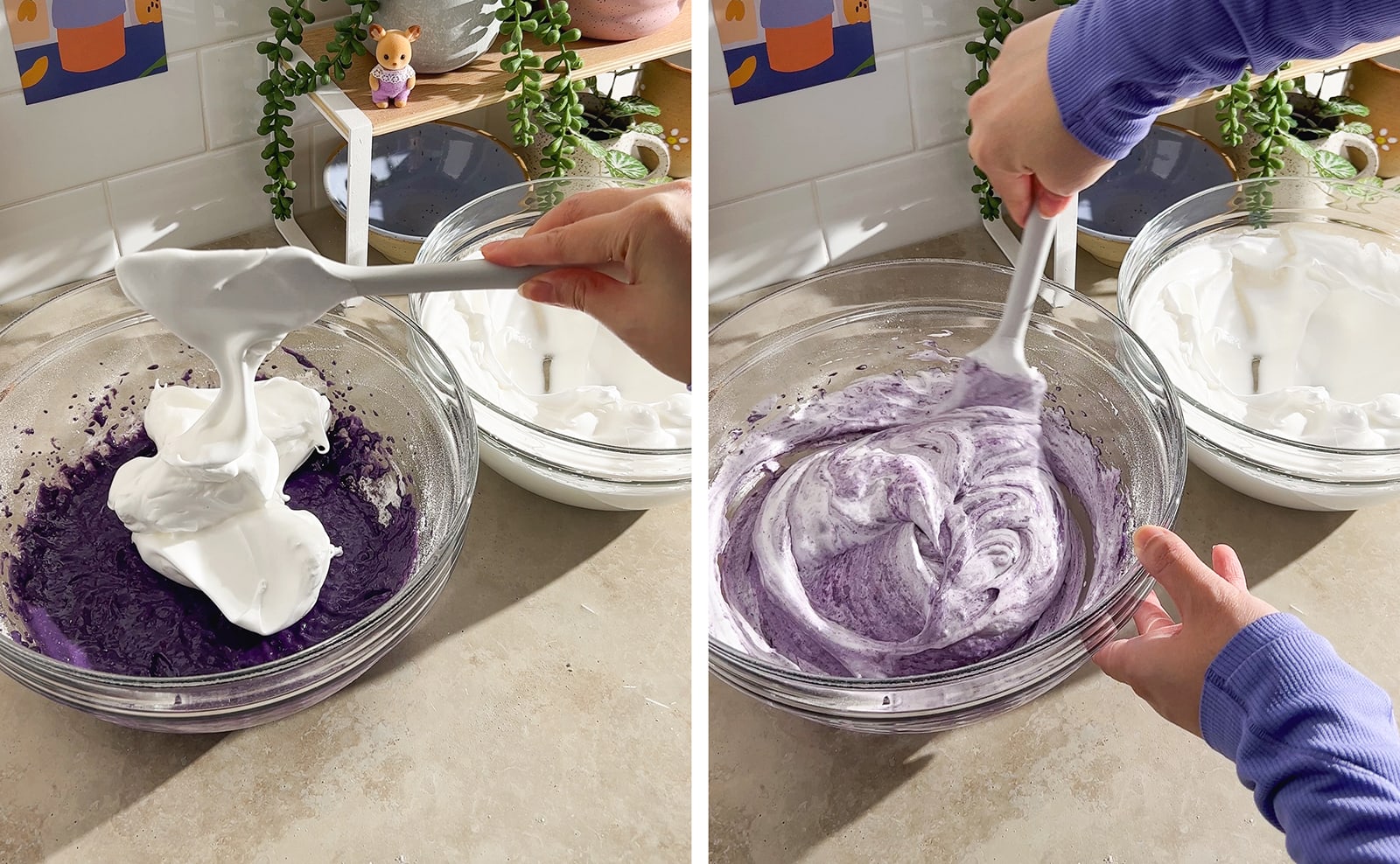 Left to right: dropping meringue from a spatula into a bowl of cake batter, folding meringue into cake batter.