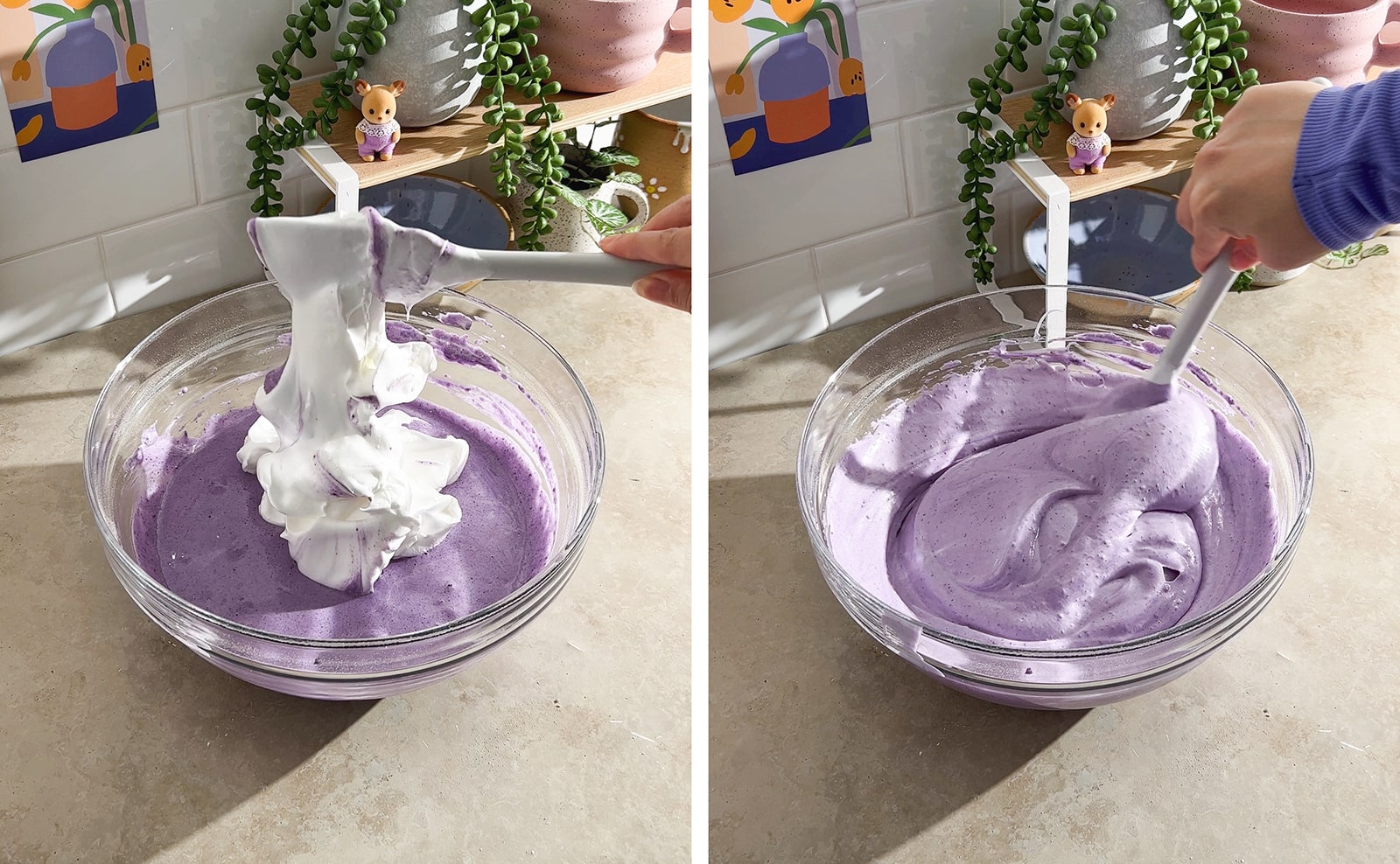 Left to right: dropping meringue from a spatula into bowl of cake batter, folding chiffon cake batter with spatula.