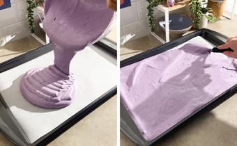 Left to right: pouring cake batter onto baking sheet, spreading cake batter across baking sheet with an offset spatula.