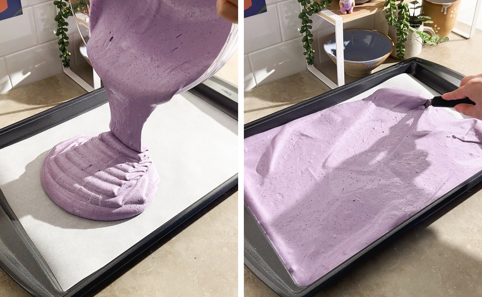 Left to right: pouring cake batter onto baking sheet, spreading cake batter across baking sheet with an offset spatula.