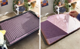 Left to right: placing wire rack on top of cake in pan, peeling parchment paper off cake sheet.