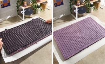 Left to right: flipping cake sheet onto parchment paper, cake sheet on top of parchment paper.