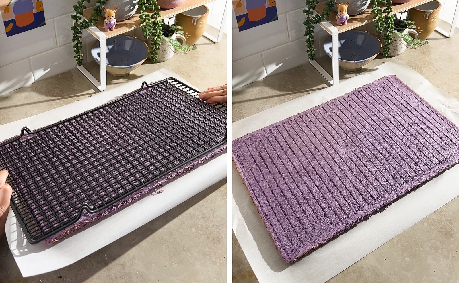 Left to right: flipping cake sheet onto parchment paper, cake sheet on top of parchment paper.