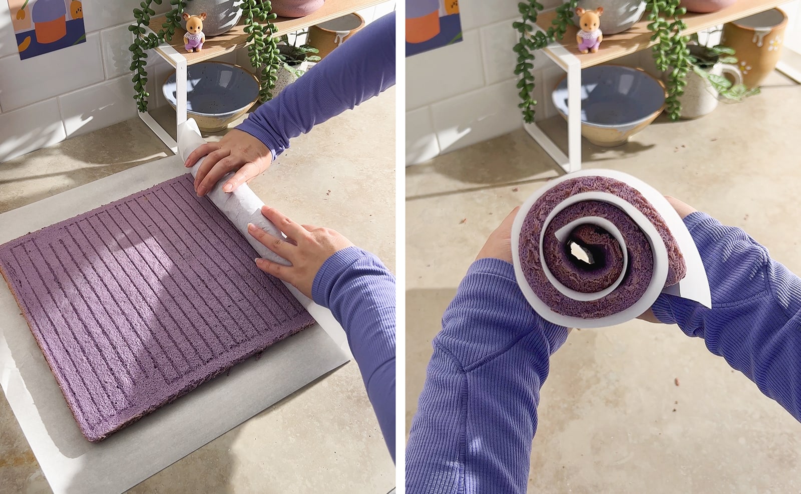 Left to right: hands rolling cake sheet up, hands holding rolled-up cake to show spiral side view.