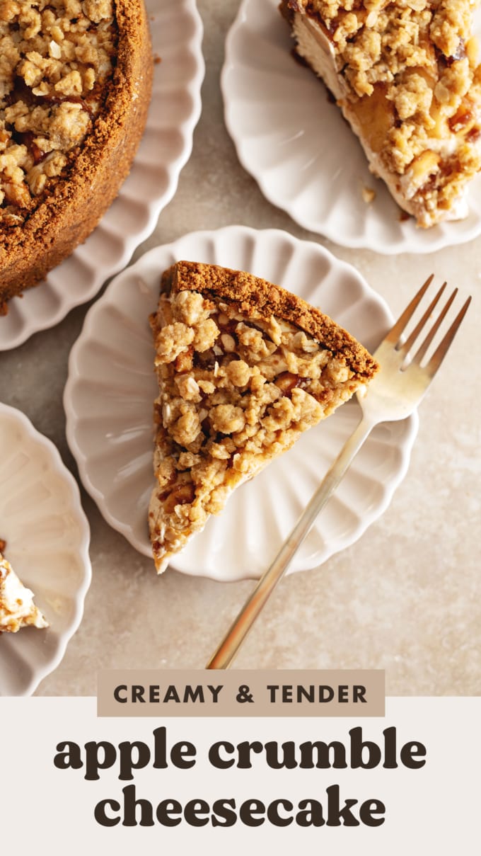 Overhead view of a slice of cheesecake on a scalloped plate with a fork.