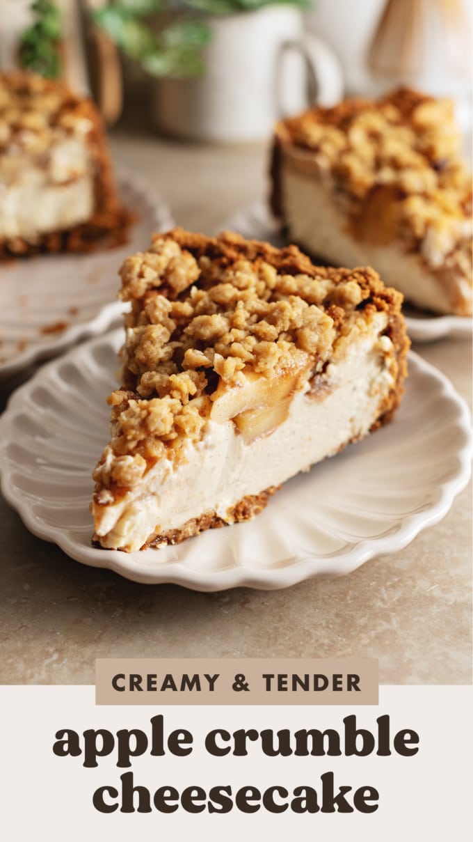 A slice of apple crumble cheesecake on a plate.