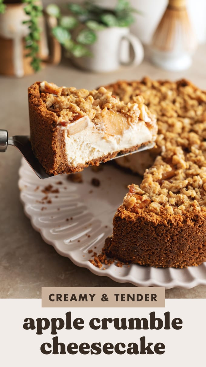 A slice of apple crumble cheesecake lifted up with a cake server.