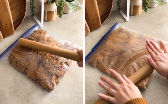 Left to right: smacking a bag of biscoff cookies with a rolling pin, crushing biscoff cookies with a rolling pin.