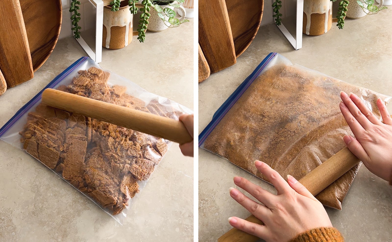 Left to right: smacking a bag of biscoff cookies with a rolling pin, crushing biscoff cookies with a rolling pin.