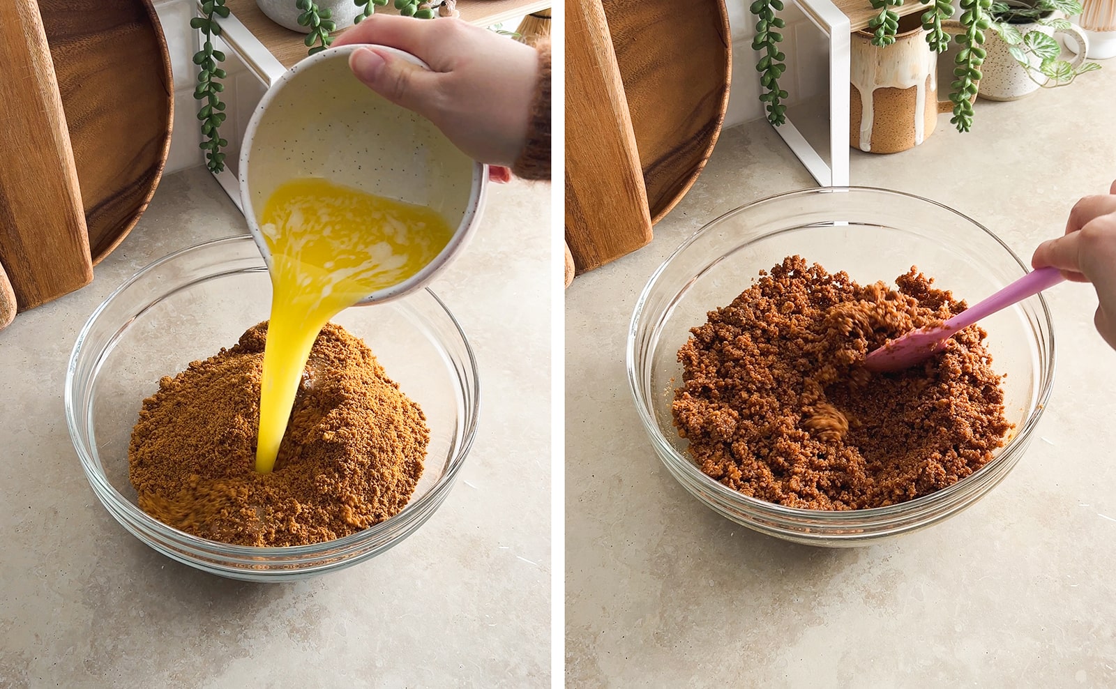 Left to right: pouring melted butter into a bowl of biscoff crumbs, stirring biscoff crust mixture with a spatula.