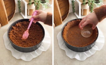 Left to right: spreading biscoff crust mixture around in a pan, pressing biscoff crust into pan with a cup.