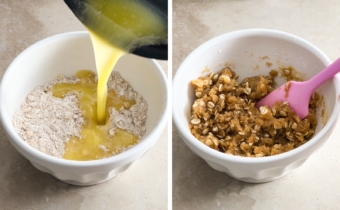 Left to right: pouring melted butter into a bowl of flour and oats, mixed crumble topping mixture in a bowl.