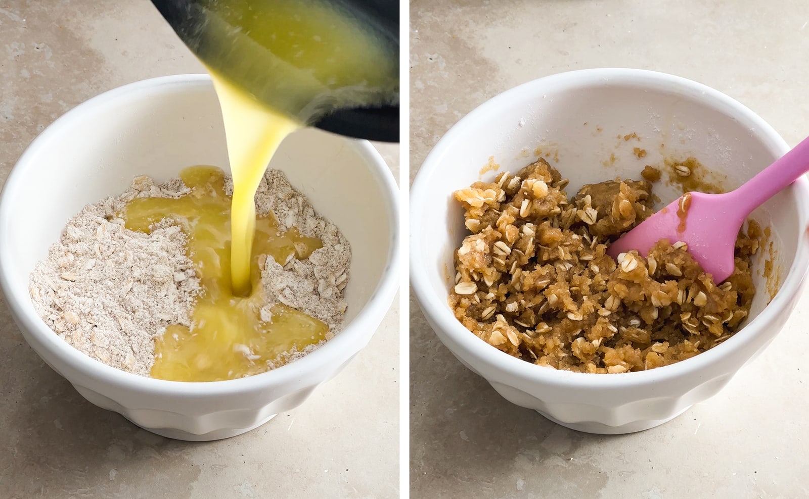 Left to right: pouring melted butter into a bowl of flour and oats, mixed crumble topping mixture in a bowl.