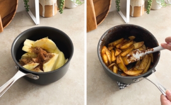 Left to right: a pot filled with apple slices and brown sugar, cooked apples in a pot.