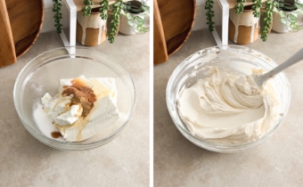 Left to right: cheesecake ingredients in a mixing bowl, cheesecake batter mixed until creamy.
