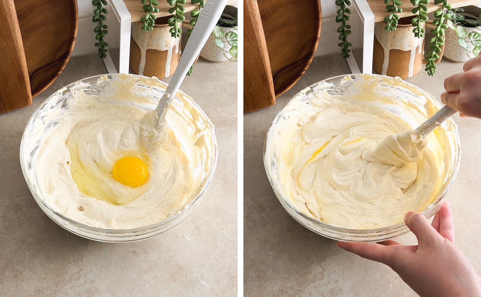 Left to right: an egg in a bowl of cheesecake batter, mixing cheesecake batter with a spatula.