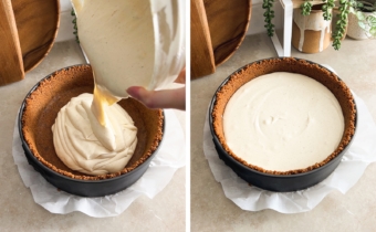 Left to right: pouring cheesecake batter into a crust-filled pan, cheesecake batter in a pan before toppings.