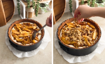 Left to right: apple slices arrange on top of cheesecake batter, hand sprinkling crumble topping on top of cheesecake.