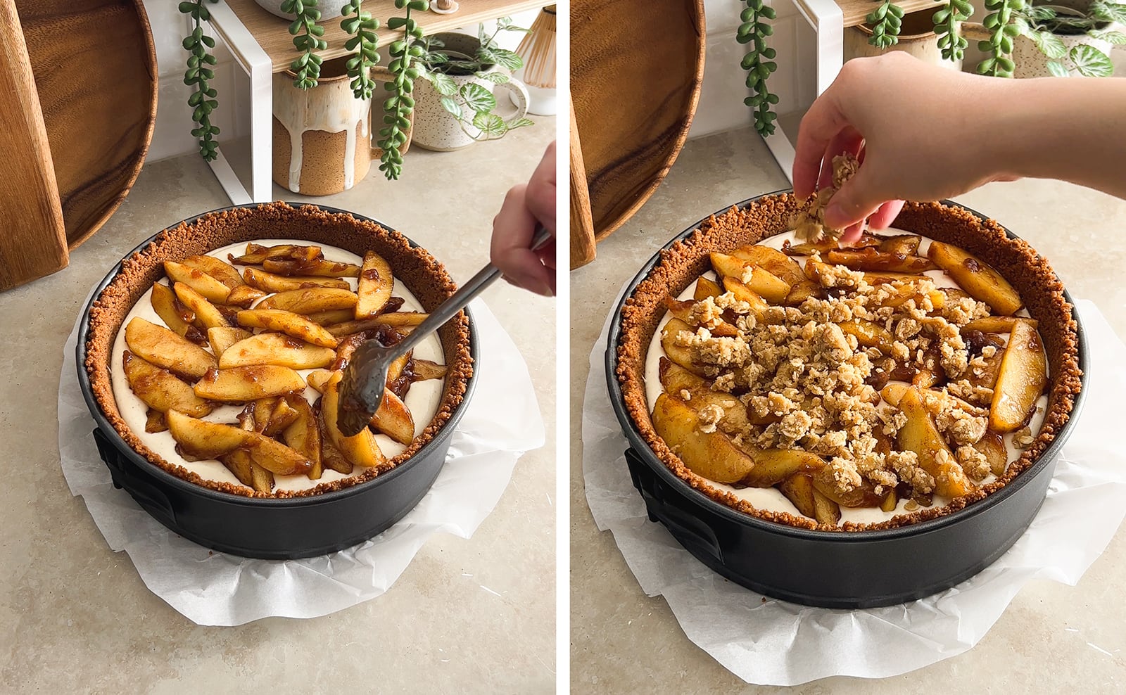 Left to right: apple slices arrange on top of cheesecake batter, hand sprinkling crumble topping on top of cheesecake.