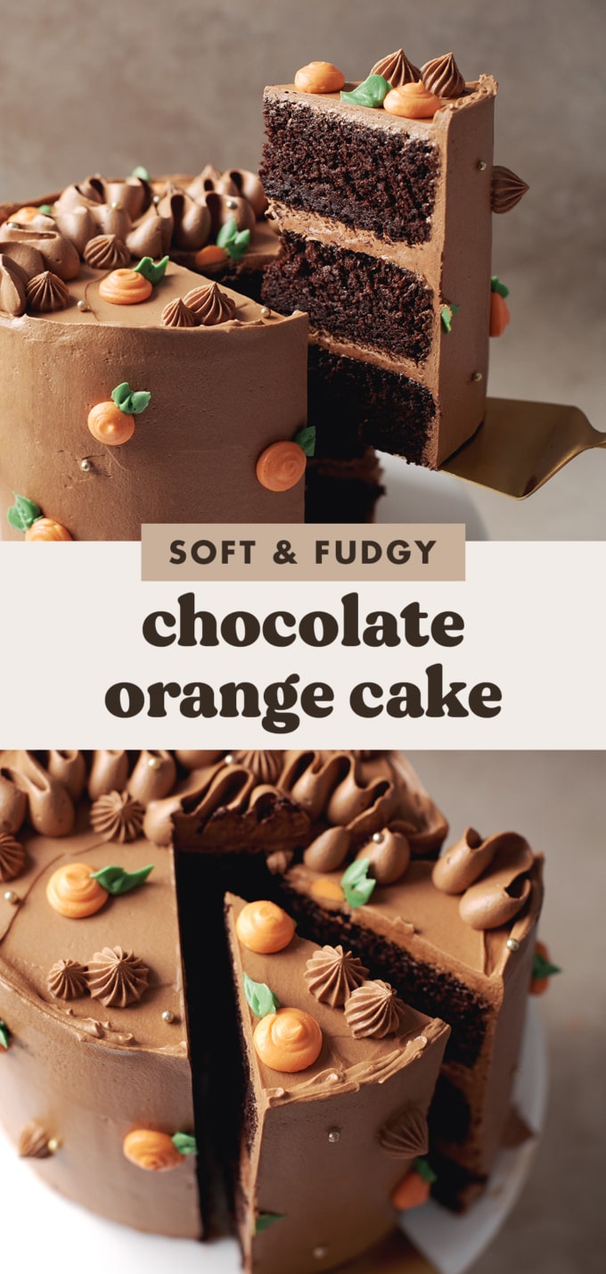 Two images of chocolate orange cake with a text overlay that reads "soft and fudgy chocolate orange cake".