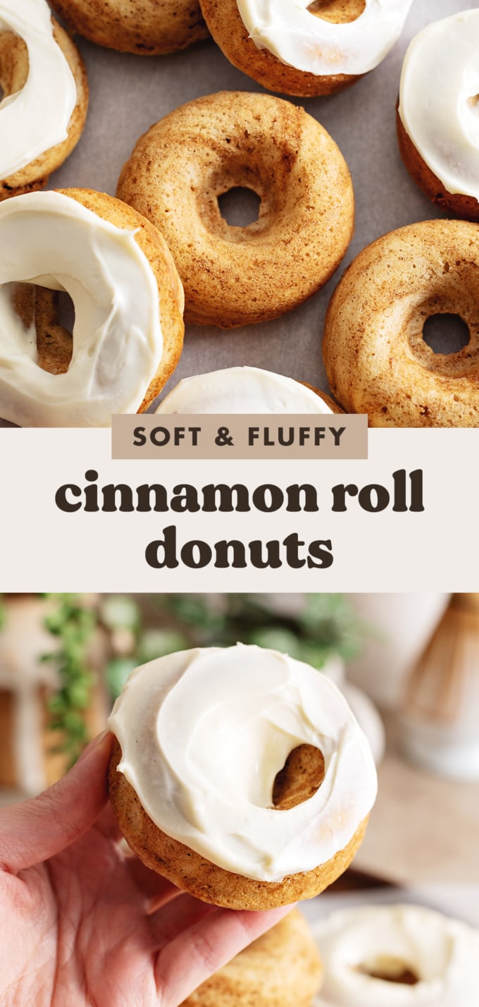 Two images of cinnamon roll donuts with a text overlay that reads "soft and fluffy cinnamon roll donuts".