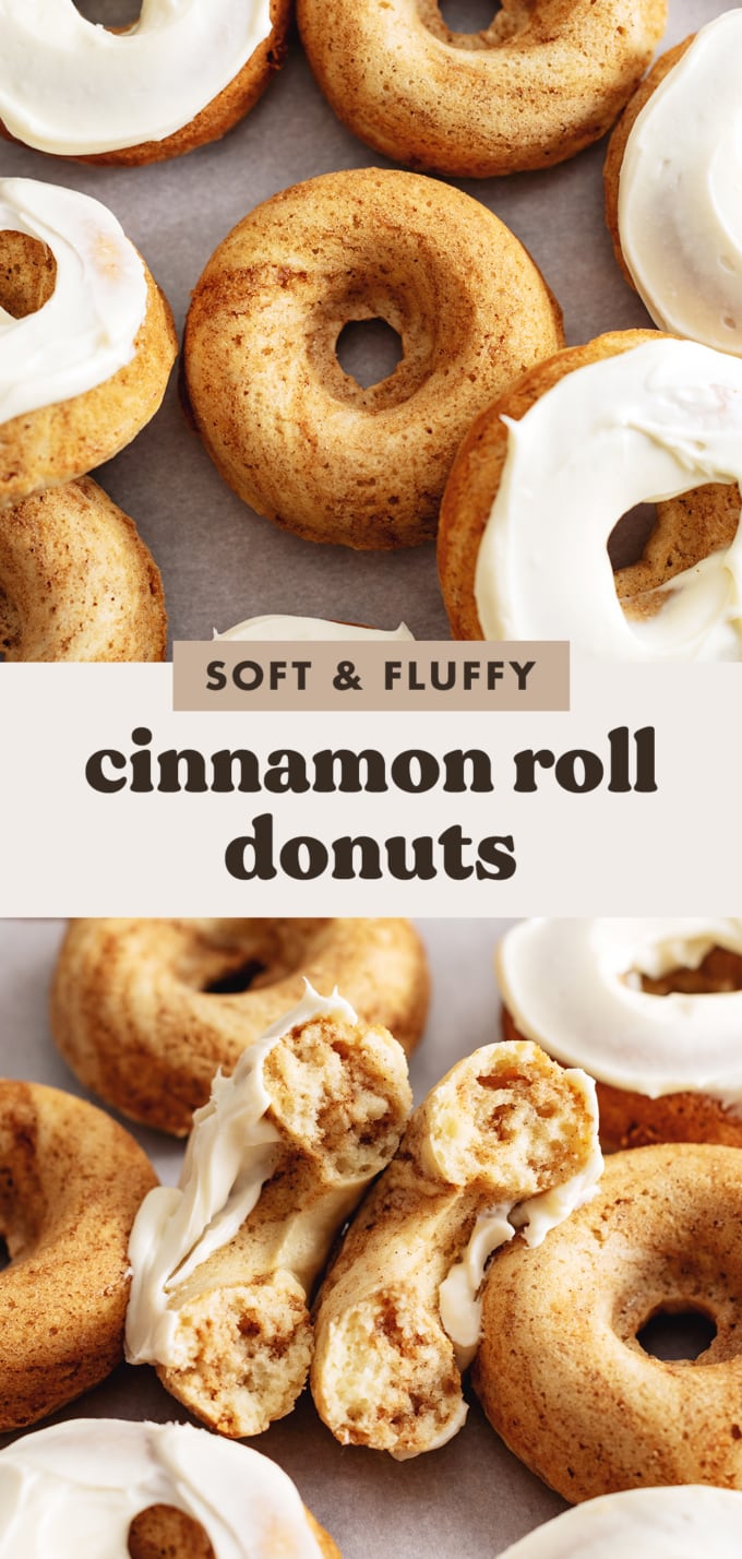Two images of cinnamon roll donuts with a text overlay that reads "soft and fluffy cinnamon roll donuts".