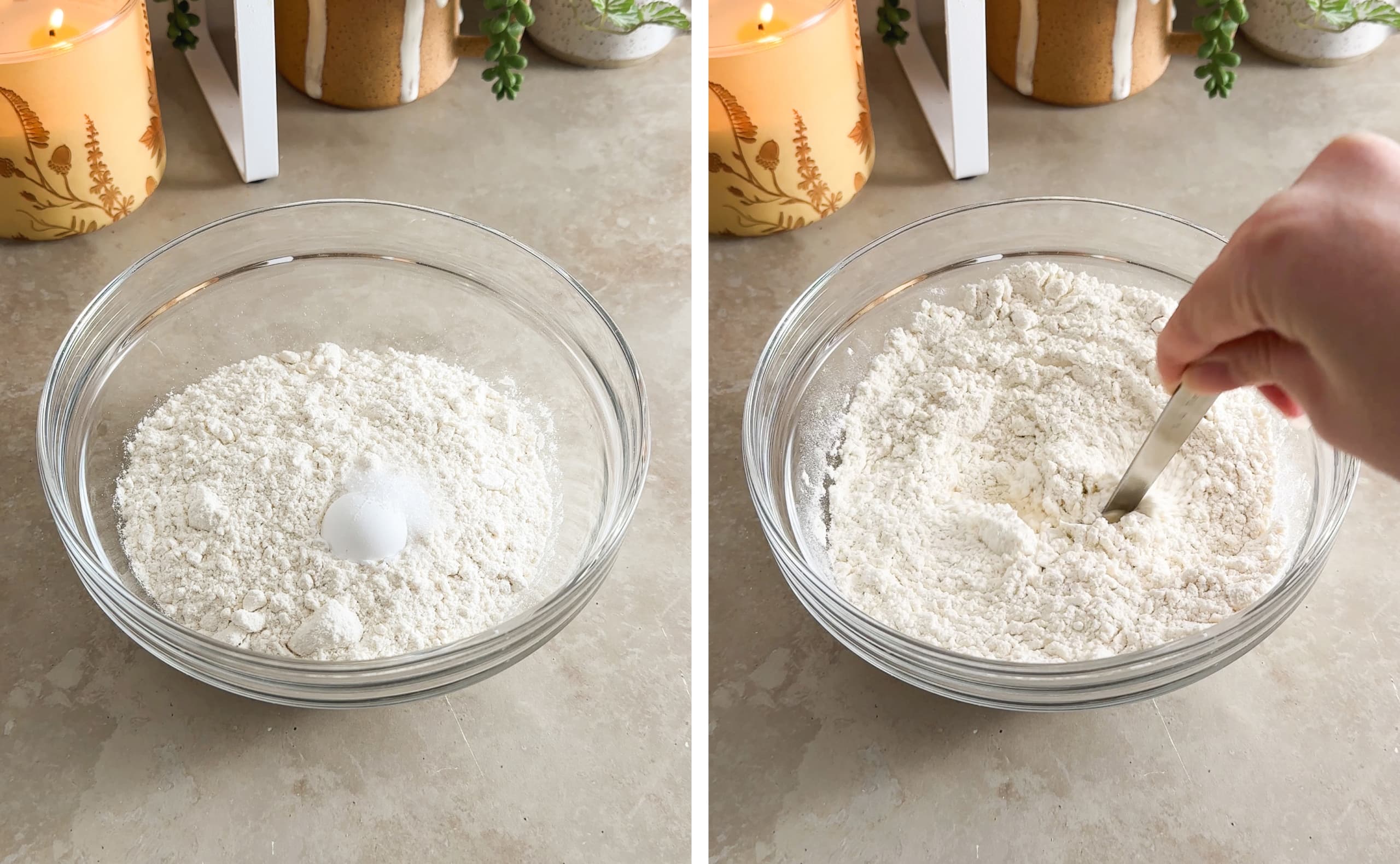 Left to right: dry ingredients in a bowl, stirring dry ingredients together.