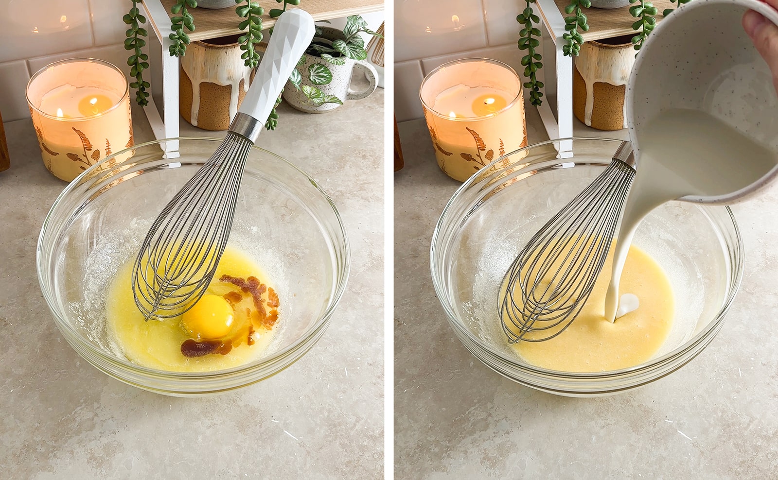 Left to right: egg and wet ingredients in a mixing bowl, pouring milk into wet mixture.