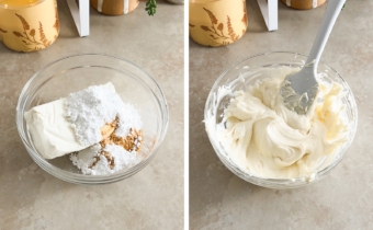 Left to right: cream cheese and sugar in a bowl, cream cheese mixed in a bowl.