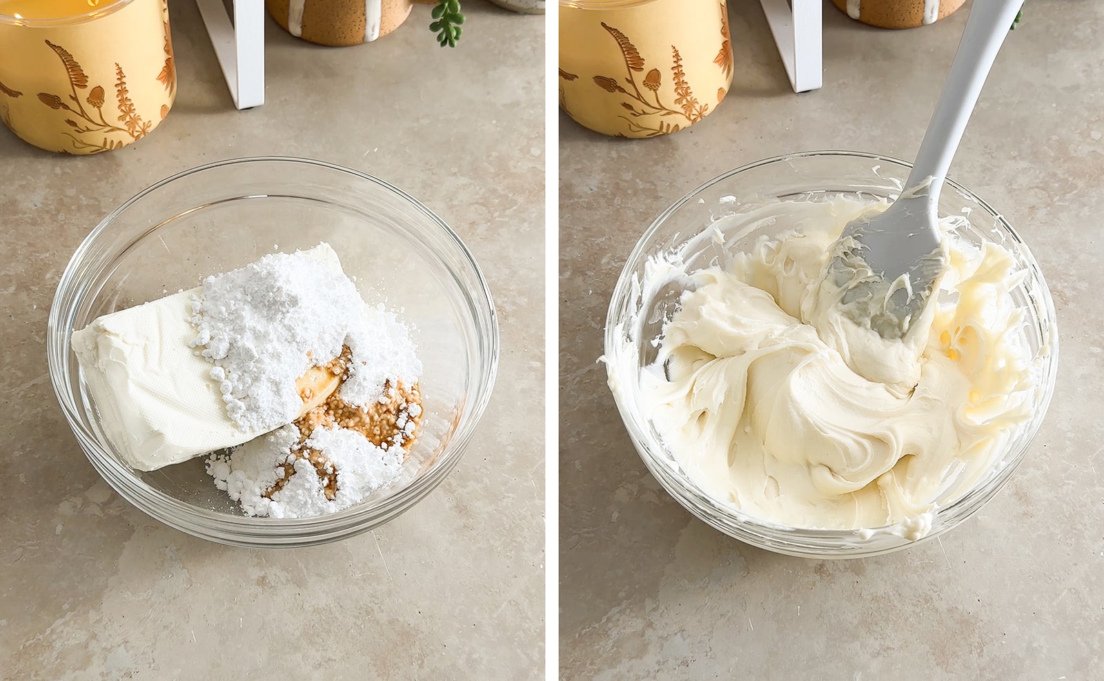 Left to right: cream cheese and sugar in a bowl, cream cheese mixed in a bowl.