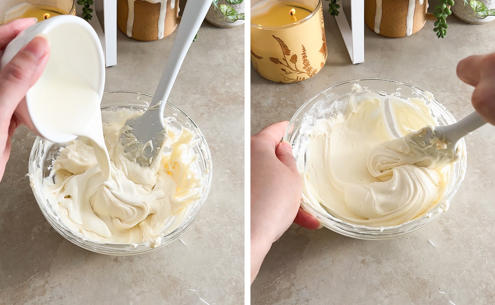 Left to right: pouring heavy cream into cream cheese mixture, mixing cream cheese frosting in a bowl with a spatula.