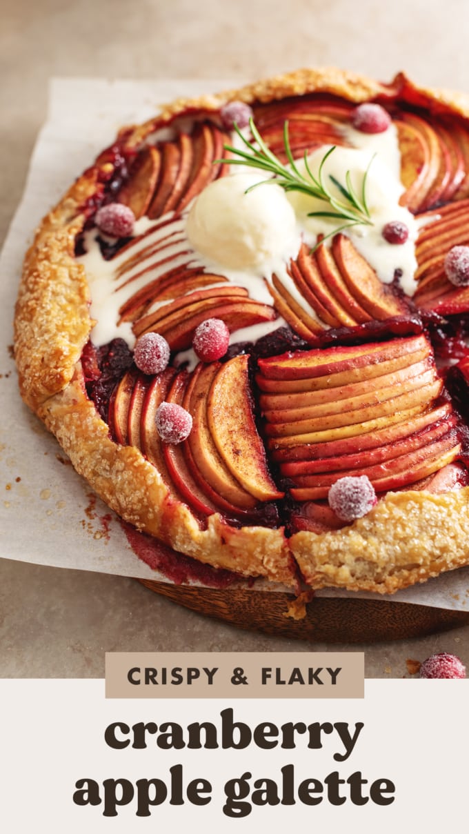 Ice cream melted on top of a cranberry apple galette.