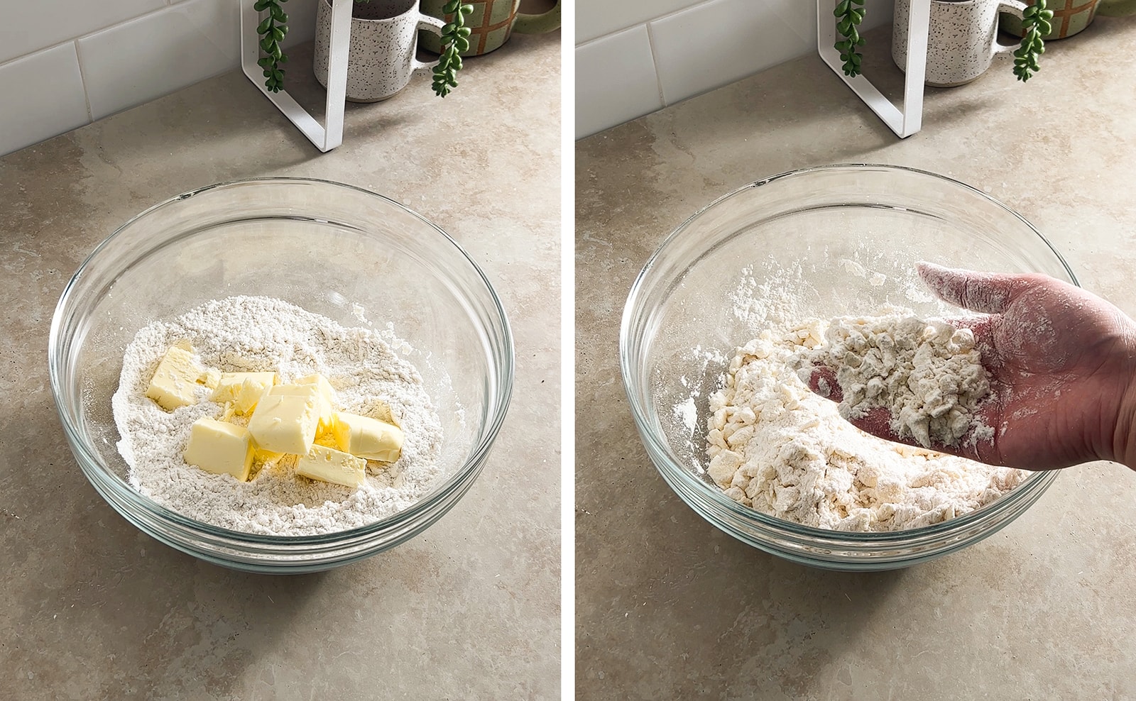 Left to right: cubes of butter in a bowl of flour, hand holding a handful of flour to show the pea-sized butter pieces.
