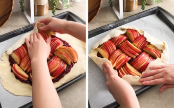 Hands folding edges of dough over to form a galette crust.