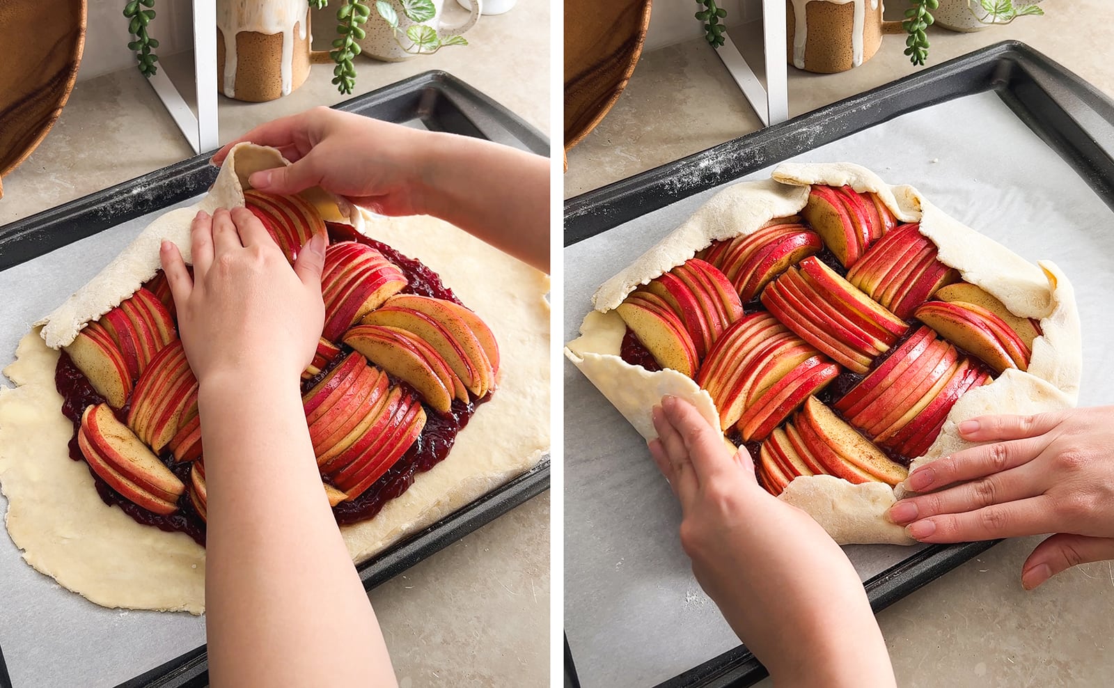 Hands folding edges of dough over to form a galette crust.